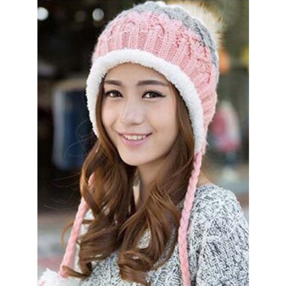 Gray, Pink & White Fleece Lined Beanie with Pom Poms - Picture 3 of 15